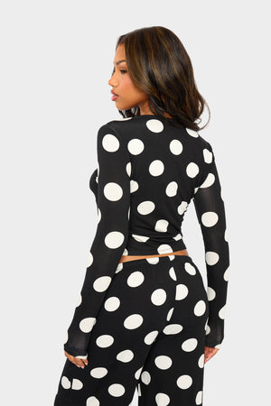 Kaiia Large Polka Dot Button Up Long Sleeve Crop Top Black & Cream