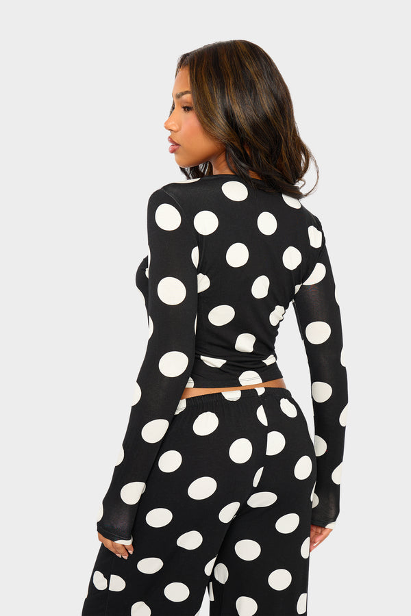 Kaiia Large Polka Dot Button Up Long Sleeve Crop Top Black & Cream
