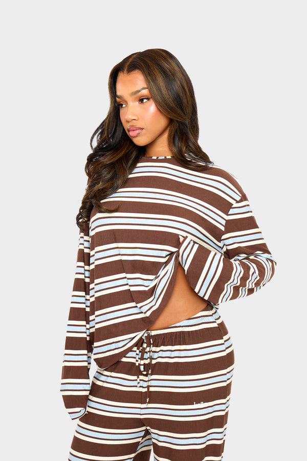 Kaiia Striped Oversized Long Sleeve T-shirt Brown Blue & Cream