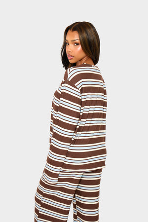 Kaiia Striped Oversized Long Sleeve T-shirt Brown Blue & Cream