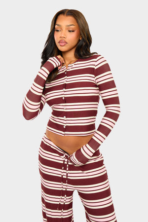 Kaiia Striped Button Up Long Sleeve Crop Top Burgundy & Pink