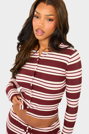 Kaiia Striped Button Up Long Sleeve Crop Top Burgundy & Pink
