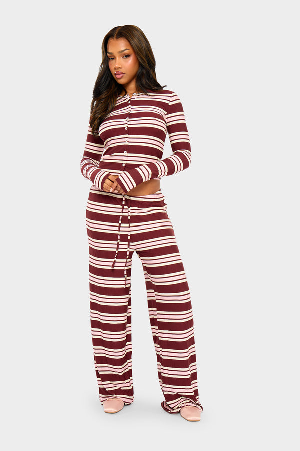 Kaiia Striped Button Up Long Sleeve Crop Top Burgundy & Pink