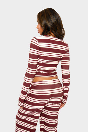 Kaiia Striped Button Up Long Sleeve Crop Top Burgundy & Pink
