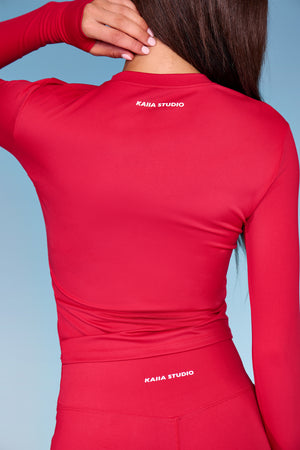 Kaiia Sculpt Long Sleeve Fitted T Shirt Deep Red
