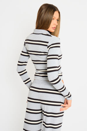 Kaiia Striped Long Sleeve Polo Top Grey Marl, Cream & Black