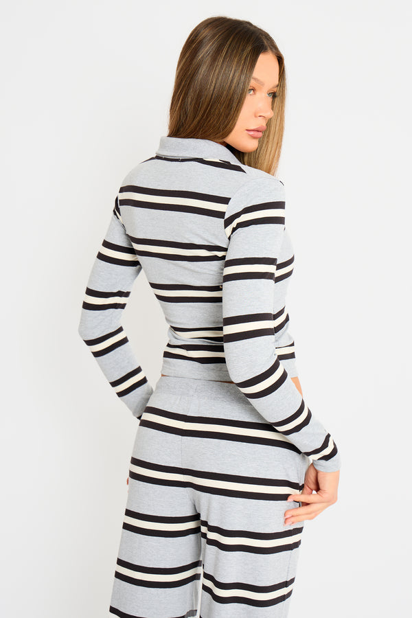 Kaiia Striped Long Sleeve Polo Top Grey Marl, Cream & Black