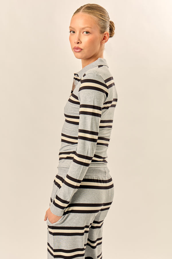 Kaiia Striped Long Sleeve Polo Top Grey Marl, Cream & Black