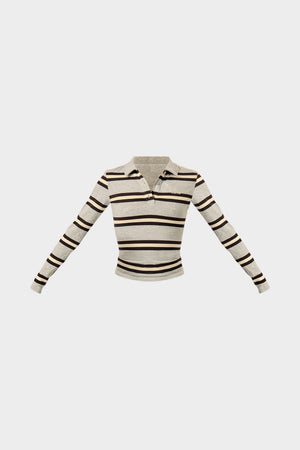 Kaiia Striped Long Sleeve Polo Top Grey Marl, Cream & Black