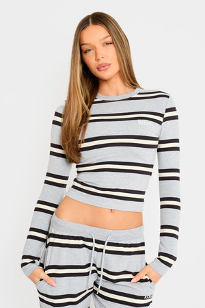 Kaiia Striped Long Sleeve Baby Tee Grey Marl, Cream & Black