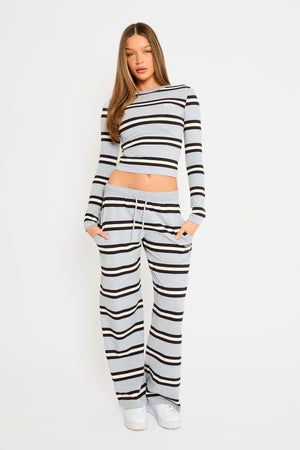 Kaiia Striped Long Sleeve Baby Tee Grey Marl, Cream & Black