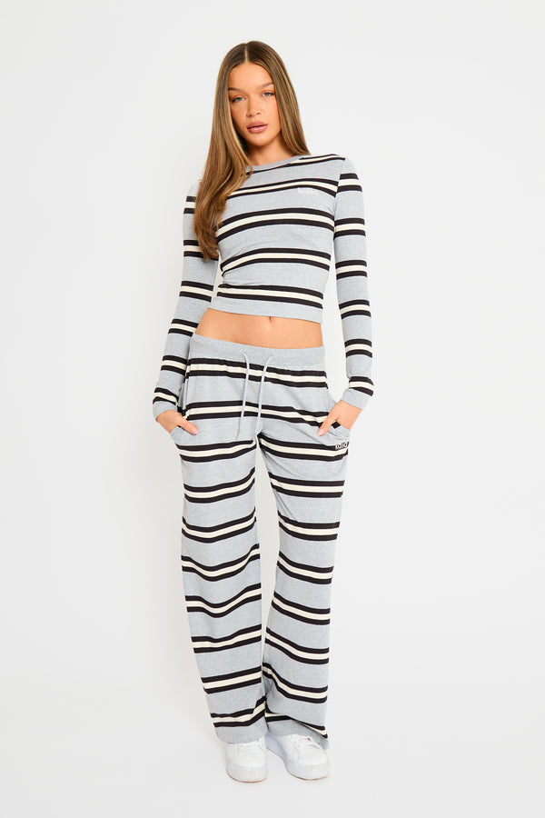 Kaiia Striped Long Sleeve Baby Tee Grey Marl, Cream & Black