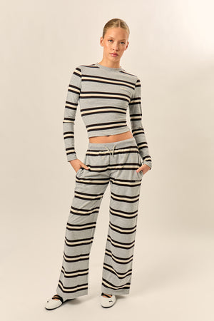 Kaiia Striped Long Sleeve Baby Tee Grey Marl, Cream & Black