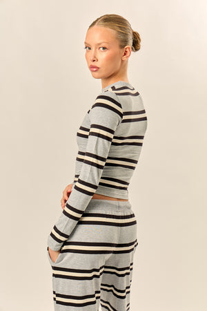 Kaiia Striped Long Sleeve Baby Tee Grey Marl, Cream & Black