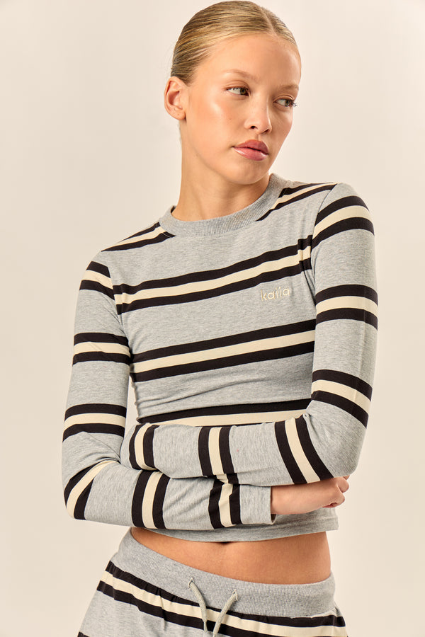 Kaiia Striped Long Sleeve Baby Tee Grey Marl, Cream & Black