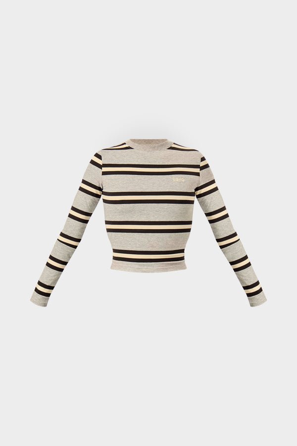 Kaiia Striped Long Sleeve Baby Tee Grey Marl, Cream & Black