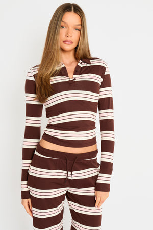 Kaiia Striped Long Sleeve Polo Top Brown, Pink & Cream