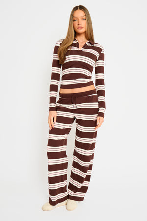 Kaiia Striped Long Sleeve Polo Top Brown, Pink & Cream