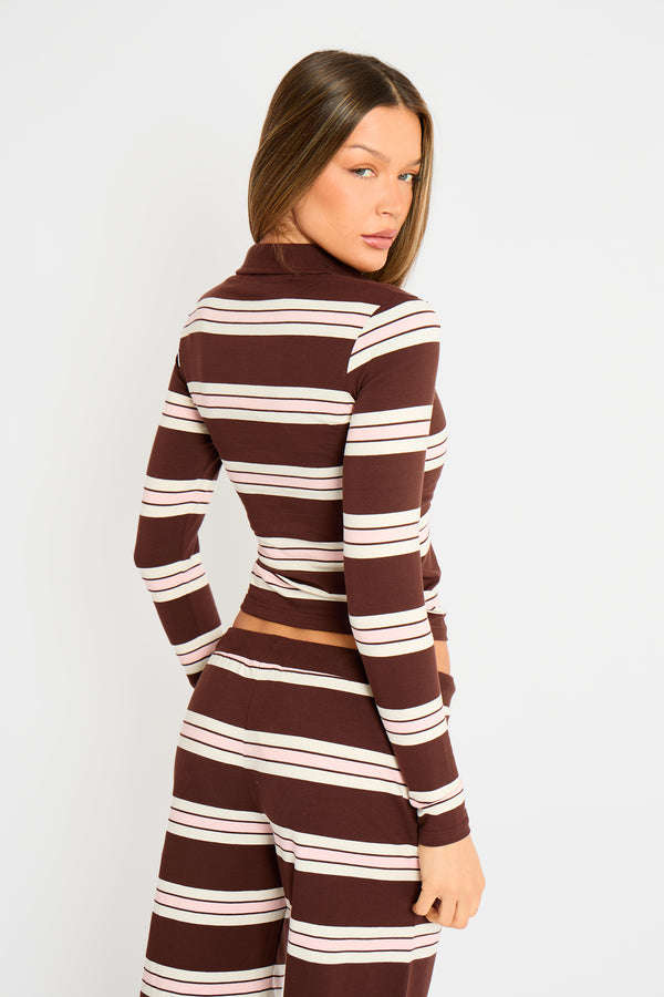 Kaiia Striped Long Sleeve Polo Top Brown, Pink & Cream