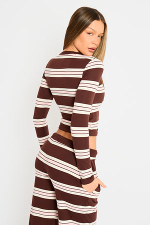 Kaiia Striped Long Sleeve Baby Tee Brown, Pink & Cream