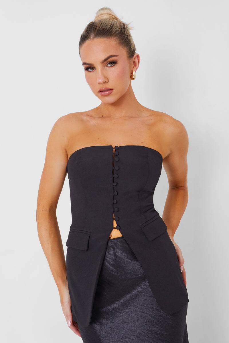 Kaiia Tailored Bandeau Split Front Top in Black