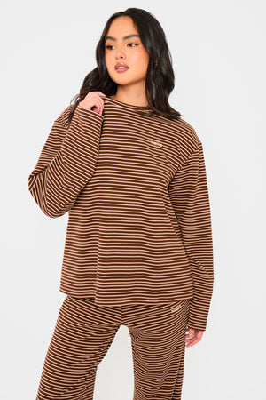 Kaiia Striped Fleece Oversized Long Sleeve Top Brown & Cream