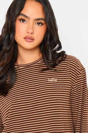 Kaiia Striped Fleece Oversized Long Sleeve Top Brown & Cream