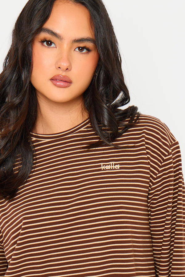 Kaiia Striped Fleece Oversized Long Sleeve Top Brown & Cream