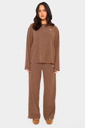 Kaiia Striped Fleece Oversized Long Sleeve Top Brown & Cream