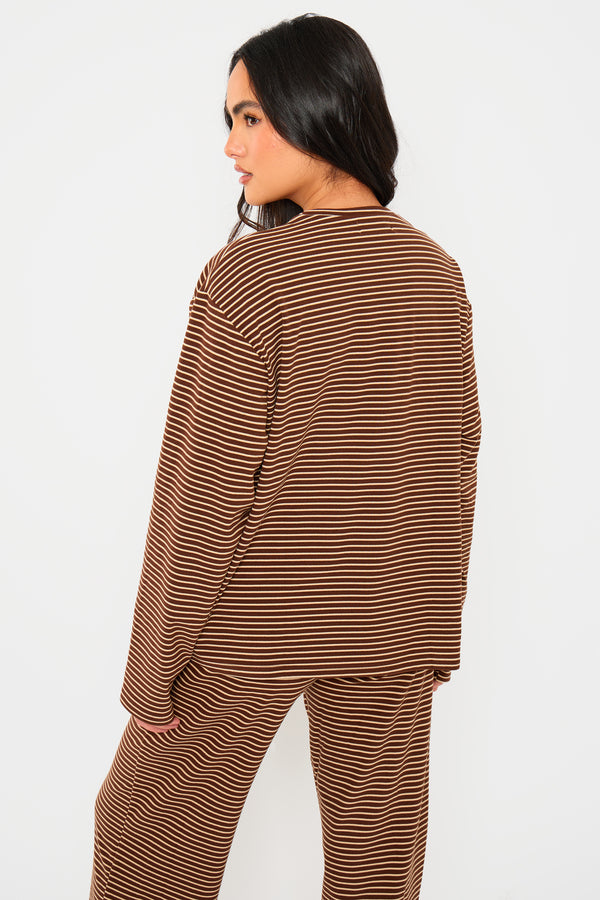 Kaiia Striped Fleece Oversized Long Sleeve Top Brown & Cream