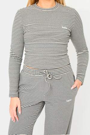 Kaiia Striped Fleece Fitted Long Sleeve Top Grey Marl & White