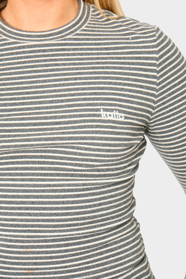 Kaiia Striped Fleece Fitted Long Sleeve Top Grey Marl & White