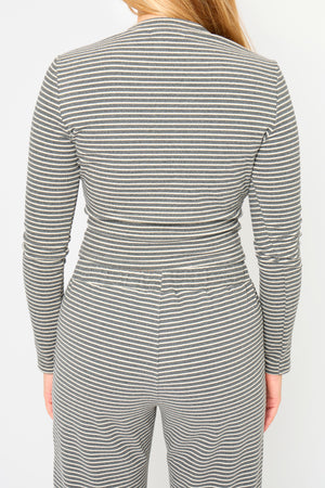 Kaiia Striped Fleece Fitted Long Sleeve Top Grey Marl & White