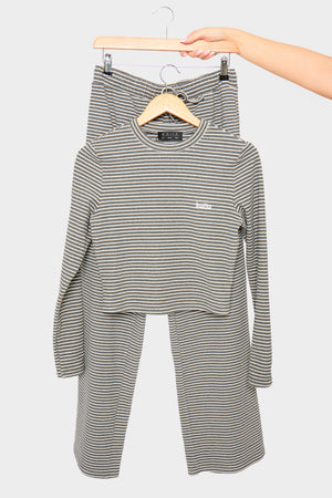 Kaiia Striped Fleece Fitted Long Sleeve Top Grey Marl & White