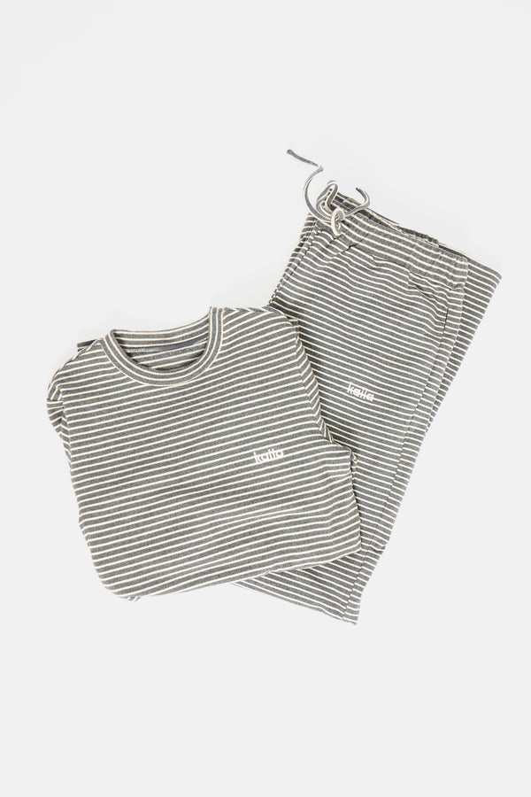 Kaiia Striped Fleece Fitted Long Sleeve Top Grey Marl & White