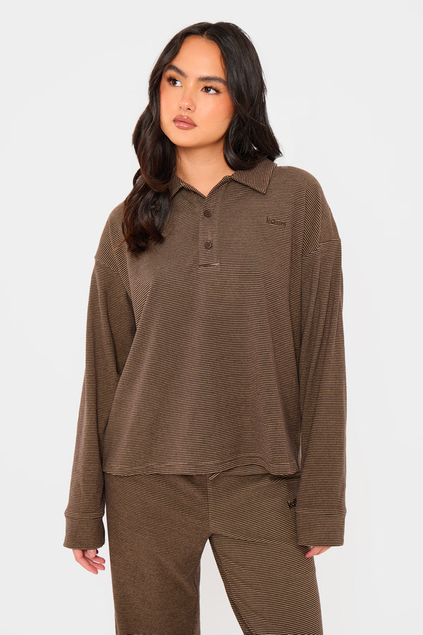 Kaiia Striped Fleece Oversized Button Detail Collared Sweatshirt Dark Chocolate & Lemon