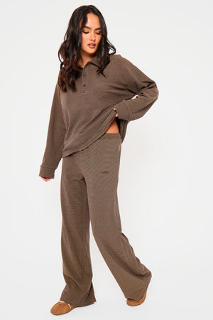 Kaiia Striped Fleece Oversized Button Detail Collared Sweatshirt Dark Chocolate & Lemon