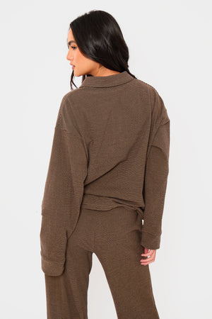 Kaiia Striped Fleece Oversized Button Detail Collared Sweatshirt Dark Chocolate & Lemon