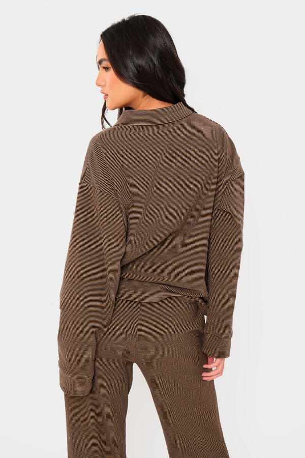 Kaiia Striped Fleece Oversized Button Detail Collared Sweatshirt Dark Chocolate & Lemon