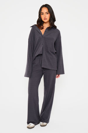 Kaiia Striped Fleece Button Down Shirt Navy & Black