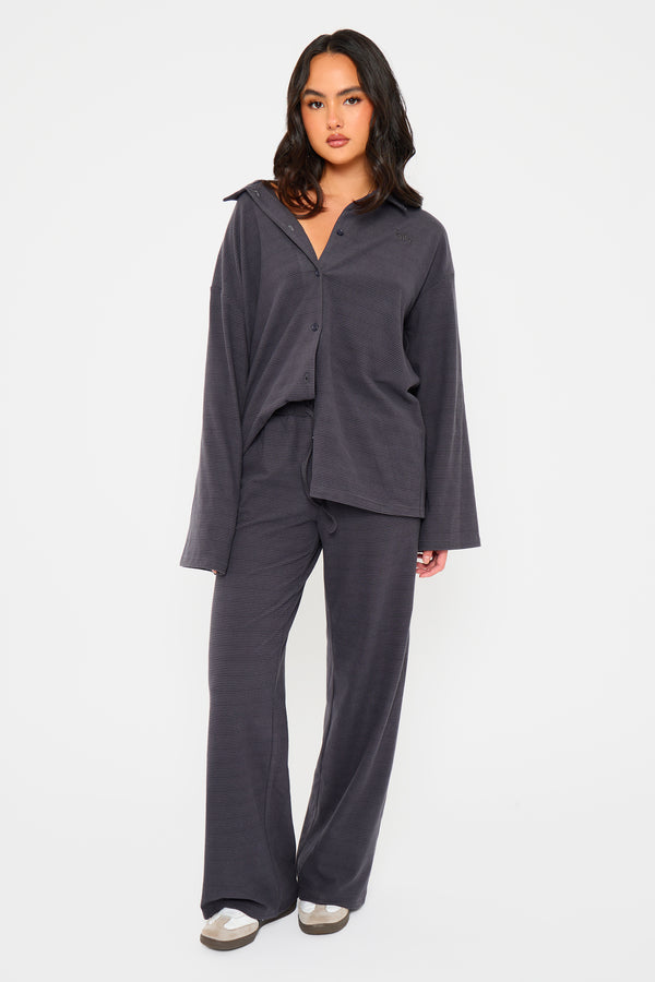 Kaiia Striped Fleece Button Down Shirt Navy & Black
