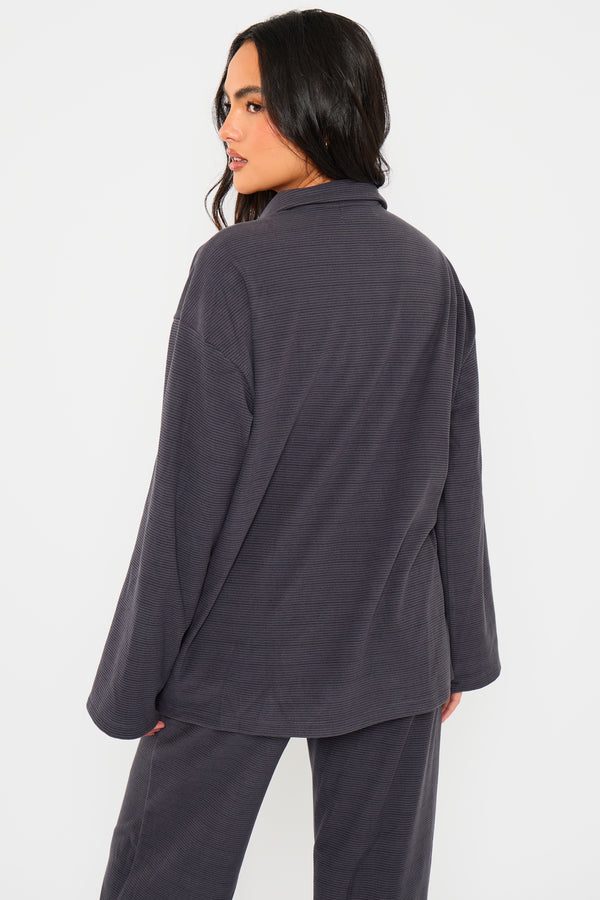 Kaiia Striped Fleece Button Down Shirt Navy & Black