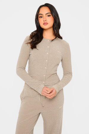 Kaiia Striped Fleece Button Up Cardigan Cream & Black