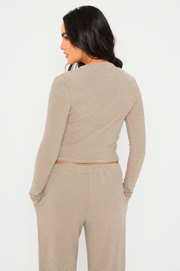 Kaiia Striped Fleece Button Up Cardigan Cream & Black