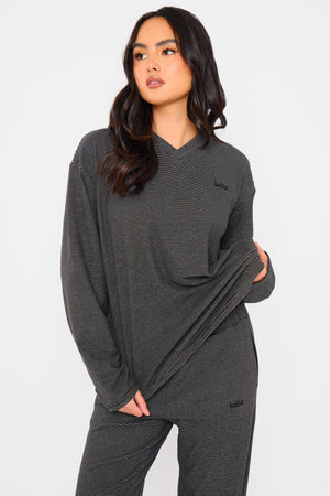 Kaiia Striped Fleece Oversized Top Black & Cream