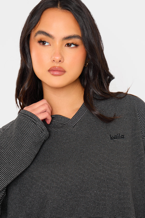 Kaiia Striped Fleece Oversized Top Black & Cream