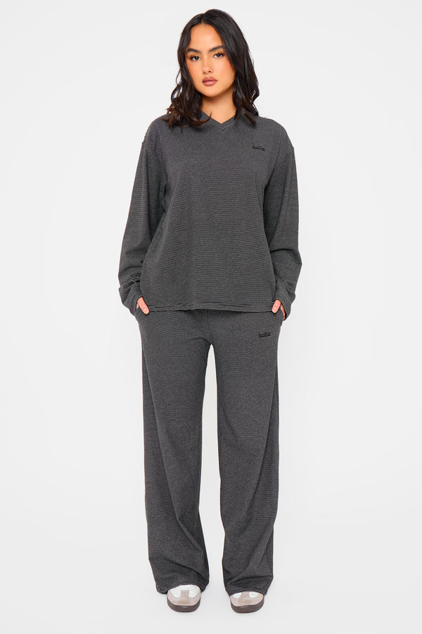 Kaiia Striped Fleece Oversized Top Black & Cream