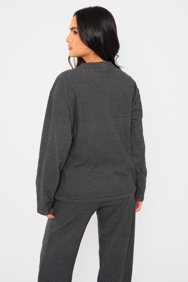 Kaiia Striped Fleece Oversized Top Black & Cream