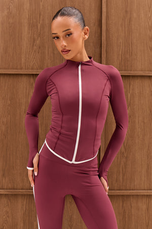 Kaiia Sculpt Contrast Long Sleeve Zip Through Fitted Jacket Plum & White