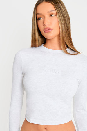 Kaiia Embossed Logo Long Sleeve Baby Tee Light Grey Marl